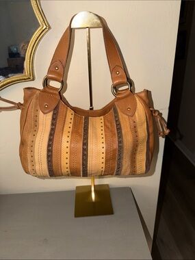 Fossil Multi-Tone Striped Leather Shoulder Bag in Tan and Brown